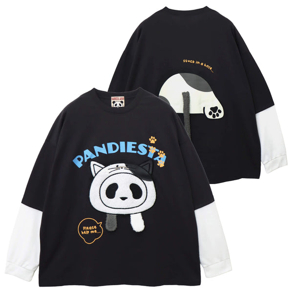 PANDIESTA 飛び出し にゃんこぱんだ ロングスリーブ Tシャツ(595751 MENS/WOMENS)